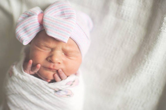 Pink Blue and White Hospital Newborn Hat With Bow! Double Ply Hat