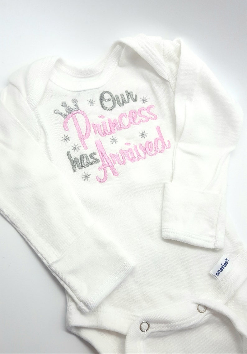 has arrived Newborn hospital shirt Our princess Hospital coming home outfit. or prince Baby birth announcement