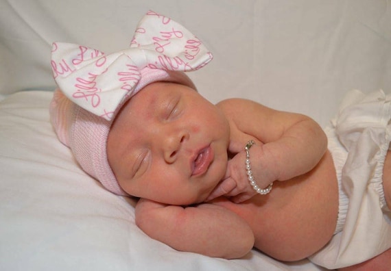 New Improved Round Top!! Hospital Newborn Beanie with Personalized Baby Name Bow! Newborn Hat, Baby Girl Hospital Hat.