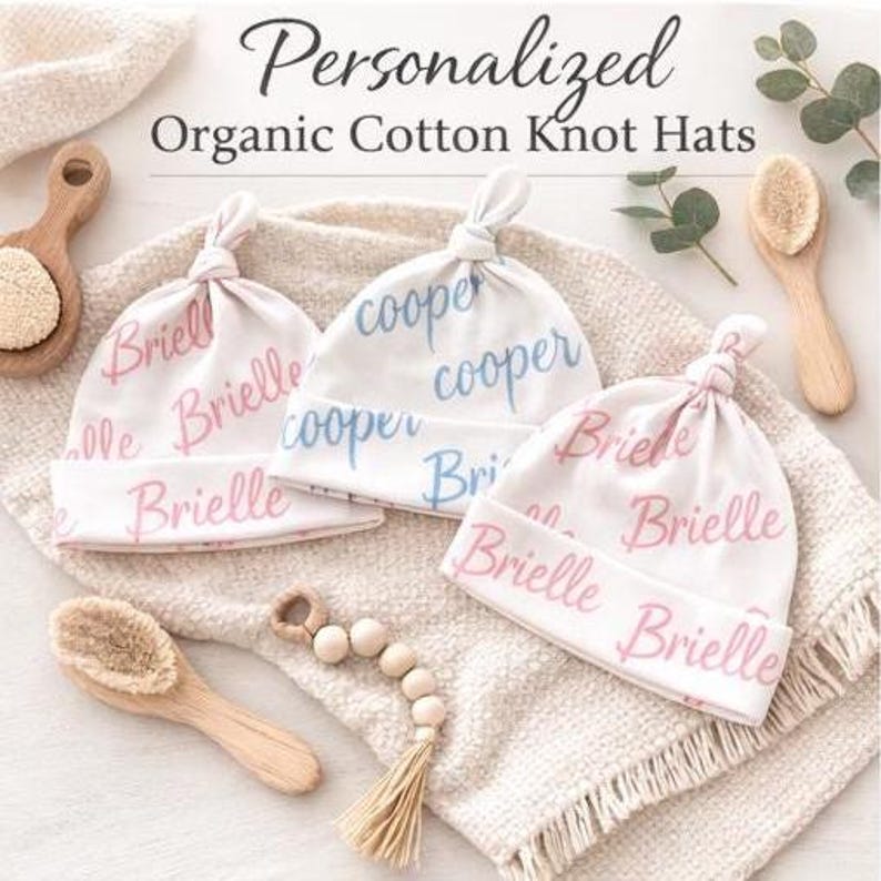 Personalized Organic Cotton Baby Hat|Custom Newborn Name Hat|HospitalHat|Knotted Baby Beanie|Baby Shower Gift|Newborn Photo Prop Bild 4