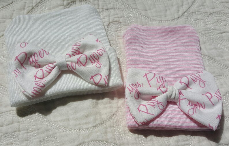 Personalized newborn hat and/or headband, Baby Name Bow gift set. Newborn Hat, Baby Girl Hospital Hat & elastic headband personalized bow image 6