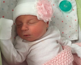 Hospital Newborn Beanie, Baby Girl Hat, Newborn Hospital Hat,  Newborn's First Flower! Shabby Chic <3  White daisy with Pink Rose