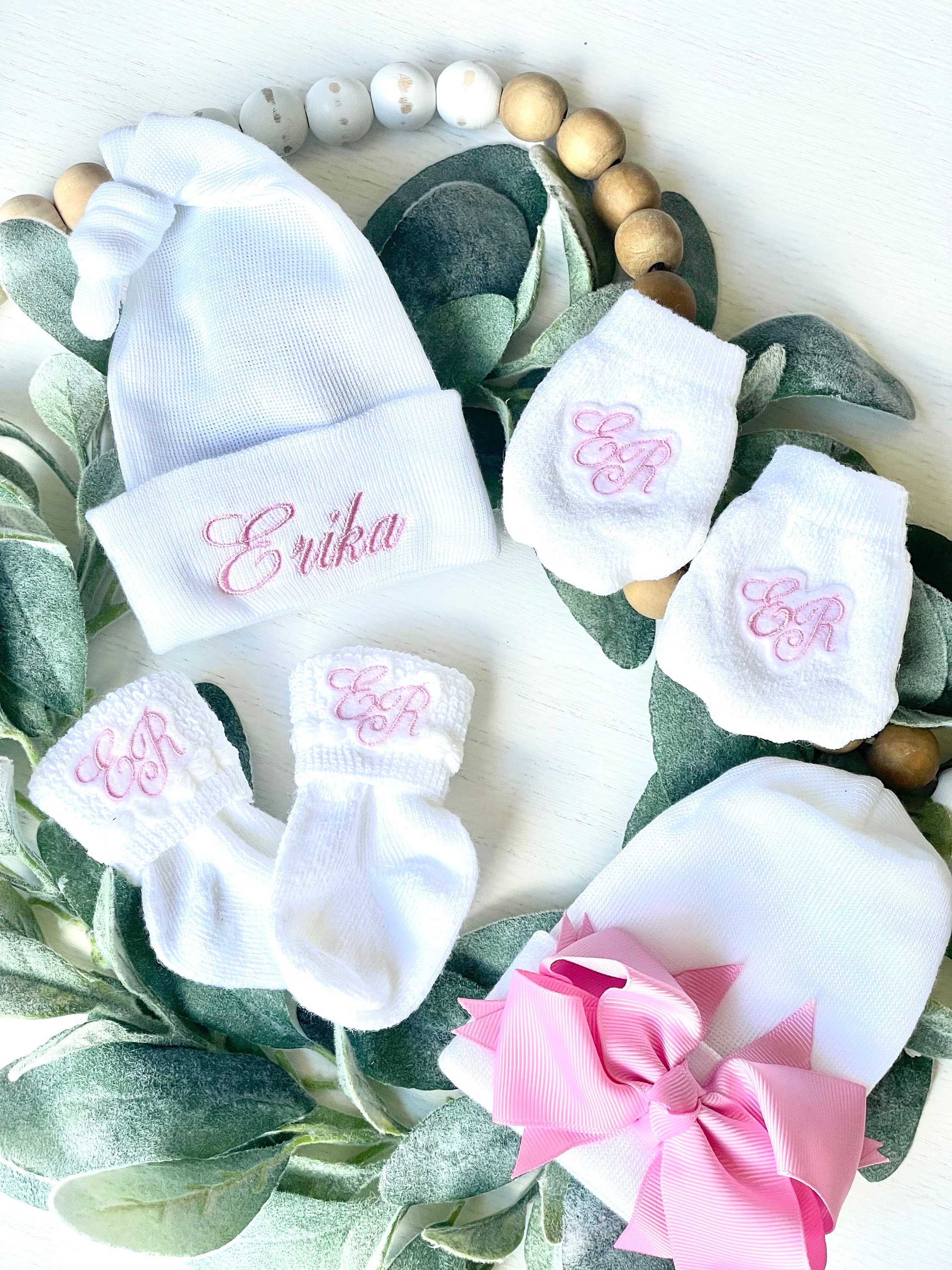 Monogram Newborn Hospital Gift Set. Newborn hat, mitten and sock set with monogram. Hospital hat. Monogram baby gift set for boy or girl.