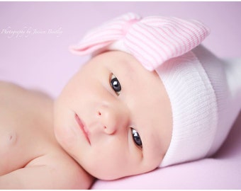White Hospital Newborn Beanie with Pink and White Bow, Newborn Hat!  Double Ply, Round Top. Baby Girl Hat. Hospital gift.