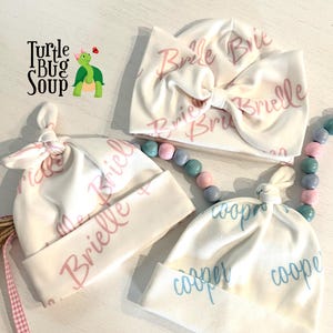 Personalized Newborn Knot Hat. 100% organic cotton. Infant Boy or Girl Newborn Hat.
