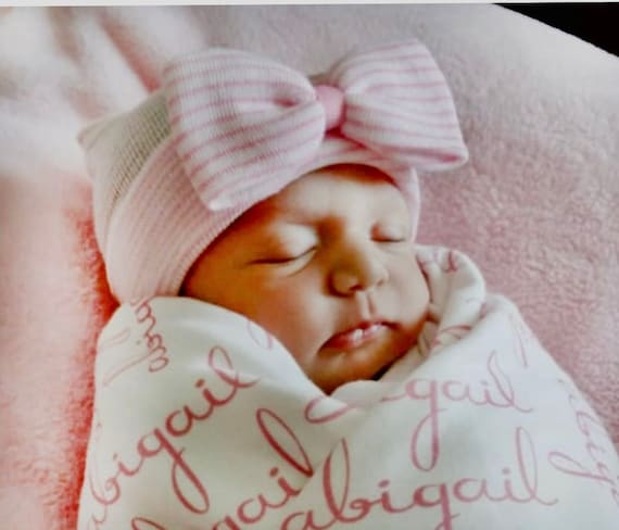 Hospital Newborn Beanie, Baby's First Bow! Newborn Hat, Baby Girl - Main Image