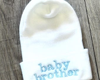 Little Brother newborn hat, baby boy hospital hat. Hospital Newborn Beanie, Newborn Gift.  Baby Shower gift.