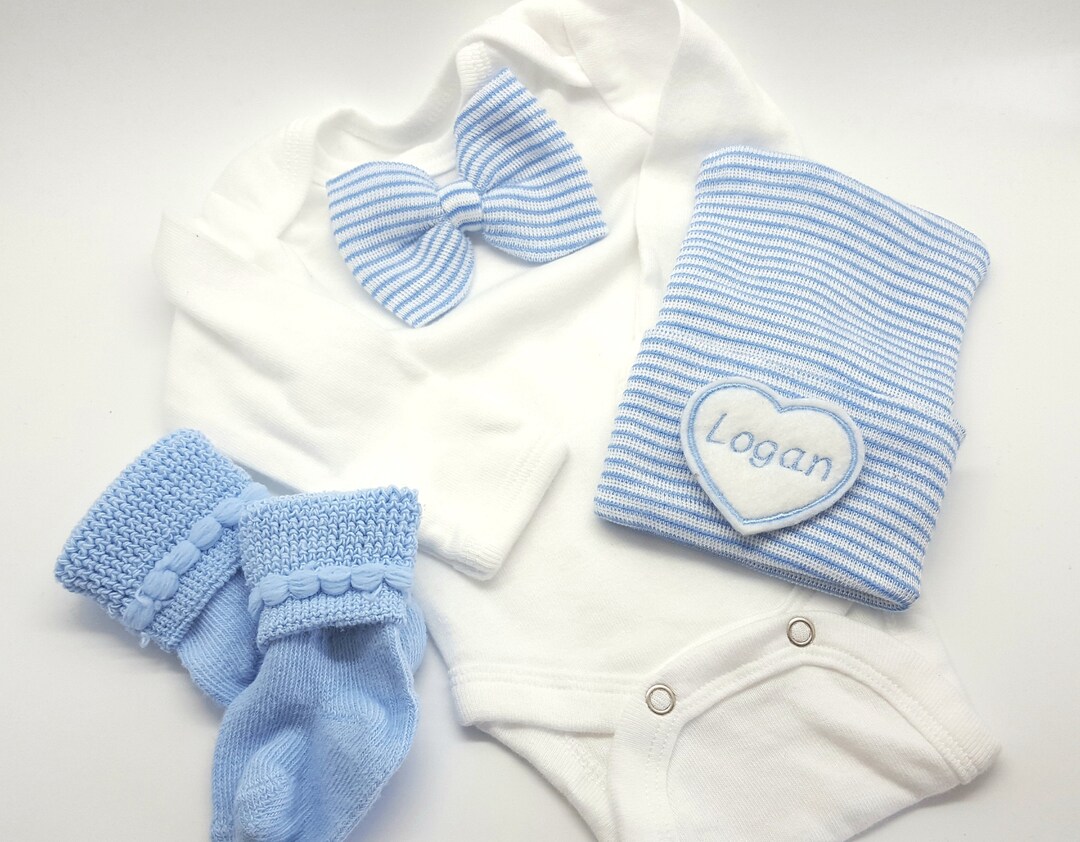 Personalized Newborn Boy Bow Tie Outfit With Hat and Sock Set. Blue ...