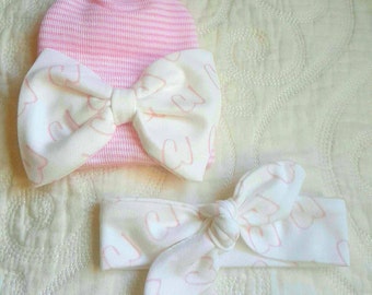 Personalized Hat and Headband set. Baby Name Hospital Set.  Knot Headbands and Newborn Beanie.  Baby Name Headband.