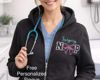 Mother Baby Embroidered Nurse zippered jacket. RN and Pink bow adorn this Personalized Sweat jacket. Includes name on sleeve. Custom Options