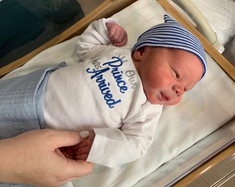Our prince  has arrived Newborn hospital shirt.   Baby birth announcement.  Hospital coming home outfit.