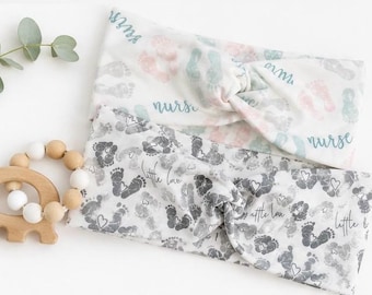 Baby Feet Turban Headband, Nurse Headband, Maternity, MB, NICU, OB, L&D gifts. Twist Headband. Mother Baby Gift Ideas. Nurse appreciation.