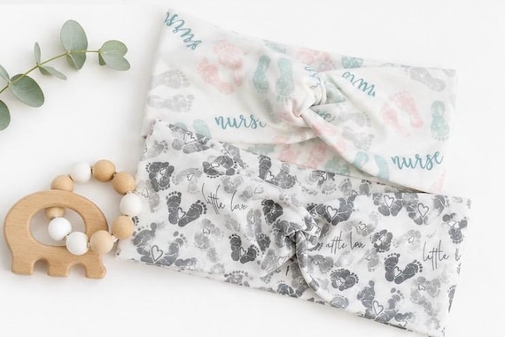 Baby Feet Turban Headband, Nurse Headband, Maternity, MB, NICU, OB, L&D gifts. Twist Headband. Mother Baby Gift Ideas. Nurse appreciation.
