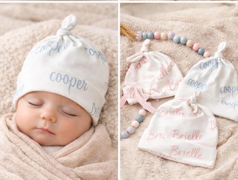 Personalized Organic Cotton Baby Hat|Custom Newborn Name Hat|HospitalHat|Knotted Baby Beanie|Baby Shower Gift|Newborn Photo Prop Bild 3
