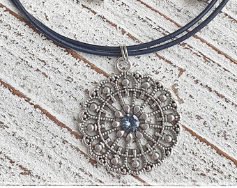 Boho leather necklace with dark blue pendant, mandala, necklace for women, leather necklace, handmade, gypsy, magnetic clasp