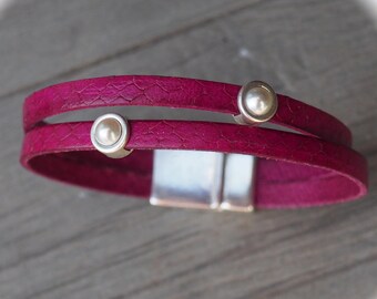 Ladies Bracelet berry pink #225, Leather Bracelet, Handmade Jewelry, Boho Chic, Women, bracelet,Magnetic Clasp, Magnetic Closure,Gypsy,Gift