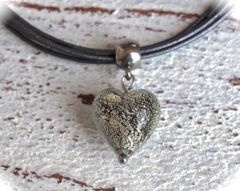 Necklace leather anthracite with Murano glass heart, ladies necklace,gray,necklace bridesmaid,leather and pearl,collier pearl,boho handmade