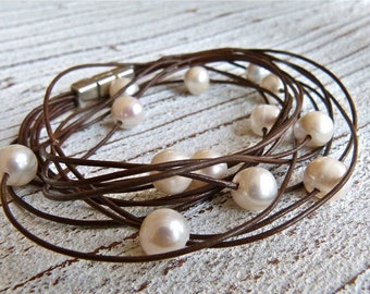 Leather Bracelet brown,freshwater pearls,Ladies Bracelet,Handmade Jewelry,Multi-strand,Double Wrap,Boho Chic,Women,Bridesmaid, to wrap