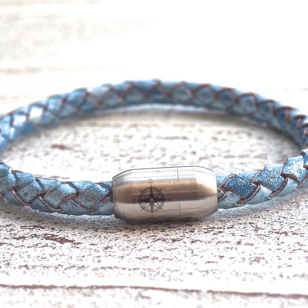 Leather bracelet maritime light blue compass,Ladies Mens Bracelet,Handmade Jewelry, Boho Chic,Women,bracelet,Magnetic Closure,USA,boho,gypsy