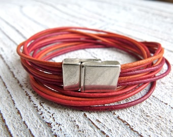 Ladies Bracelet #9,Leather Bracelet, Handmade Jewelry, Multi-strand, Double Wrap, red, orange,Boho Chic, Goat Leather, Women, bracelet