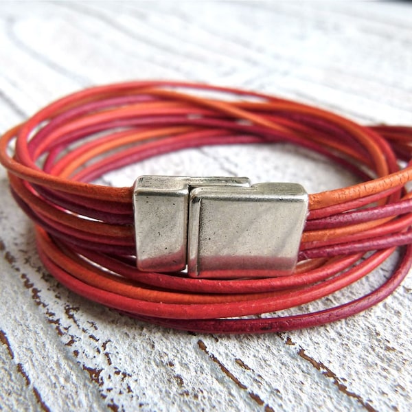 Ladies Bracelet #9,Leather Bracelet, Handmade Jewelry, Multi-strand, Double Wrap, red, orange,Boho Chic, Goat Leather, Women, bracelet