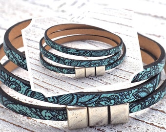 Leather bracelet maritime, Flower bracelet,Ladies bracelet,handmade jewelry, Wrap Bracelet, blue ,Boho Chic, Women, bracelet,USA