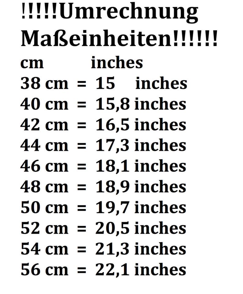 Pu&ograve; includere: Un grafico di conversione che mostra le misure equivalenti in pollici per centimetri da 38 cm a 56 cm.