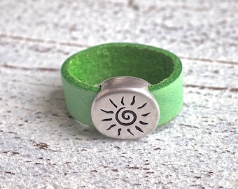 Leather ring women's sun, jewelry women, green, boho chic, leather ring, handmade, gift, gypsy rings, #USA
