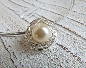 Ladies Pendant #87,Pendant Nest , Pendant Silver Wire, Wire Wrap, creme cream white Pearl,Handmade Jewelry,Women,High Fashion,for necklaces