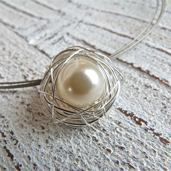 Ladies Pendant #87,Pendant Nest , Pendant Silver Wire, Wire Wrap, creme cream white Pearl,Handmade Jewelry,Women,High Fashion,for necklaces