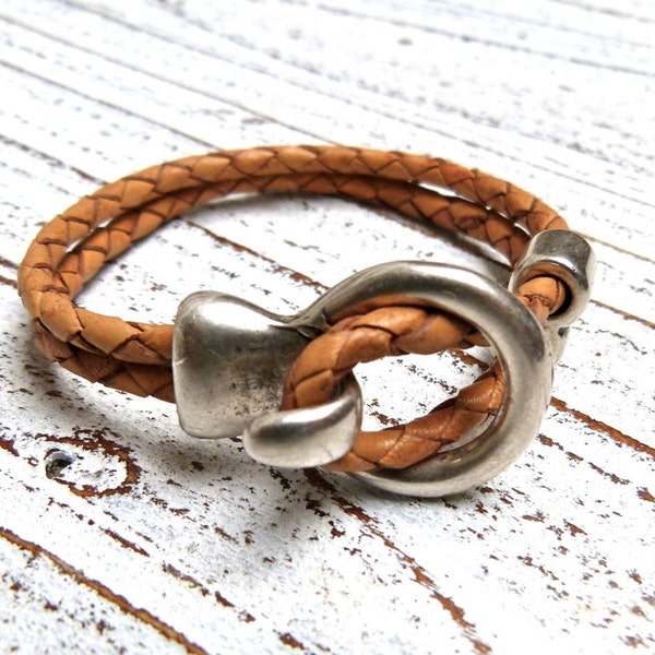 Leather Bracelet #12,Ladies Bracelet,Handmade Jewelry,Boho Chic,Women, Goat Leather, Bracelet with hook, bracelet cognac