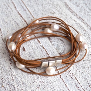 Leather Bracelet cognac with freshwater pearls,Ladies Bracelet,Handmade Jewelry,Multi-strand,Double Wrap,Boho Chic,Women,Bridesmaid, to wrap