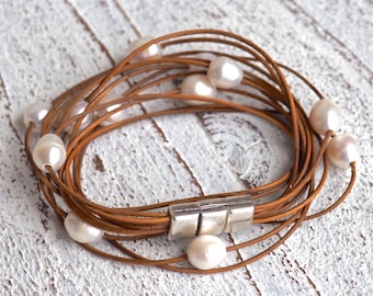 Leather Bracelet cognac with freshwater pearls,Ladies Bracelet,Handmade Jewelry,Multi-strand,Double Wrap,Boho Chic,Women,Bridesmaid, to wrap