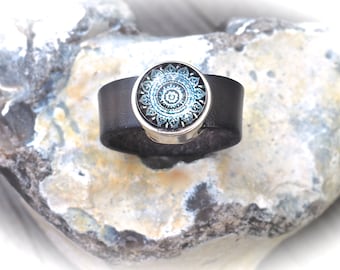 Leather ring with pearl mandala, Ladies Ring,Ring statement,Leatherring,Handmade Jewelry,Boho Chic, Women, Ring, Zamak Pearl,gray,anthracite