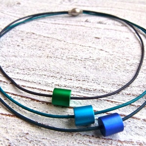 Leather Necklace blue green #110,aluminum beads,Ladies Necklace,Handmade Jewelry,Multi-strand,Boho Chic,Women,multistrand,Gift for her,