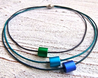 Leather Necklace blue green #110,aluminum beads,Ladies Necklace,Handmade Jewelry,Multi-strand,Boho Chic,Women,multistrand,Gift for her,