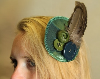 Green feather fascinator hat, handmade, reclaimed fabric, zero waste, wedding, hippie, boho, dance, festival, gypsy hair piece