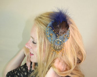 Blue feather fascinator, jewellery Tweed hat, handmade, zero waste, wedding, hippie, boho, dance, festival, gypsy hair piece