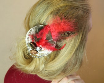 Lace with pheasant & red feather fascinator hat, handmade, zero waste, wedding, hippie, boho, dance, festival, gypsy hair piece