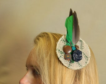 Beige green feather fascinator hat, handmade, reclaimed fabric, zero waste, wedding, hippie, boho, dance, festival, gypsy hair piece