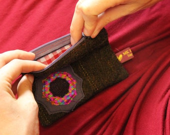 Mandala coin purse, theatrical reclaimed fabric, handmade, sacred geometry, zero waste, small zipped bag, hand embroidery