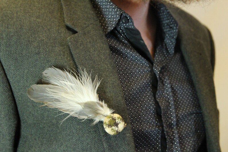 Grey tartan feather brooch pin, handmade, zero waste, jewellery brooch, wedding boutonniere, dance, festival, gypsy, lapel pin, hat pin image 2