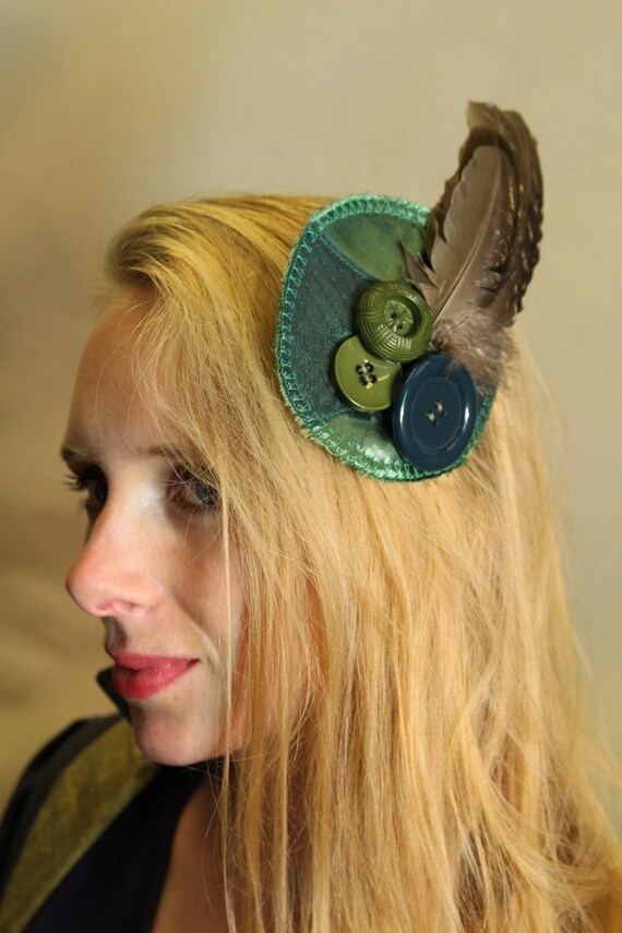 Green Feather Fascinator Hat, Handmade, Reclaimed Fabric  display picture 1