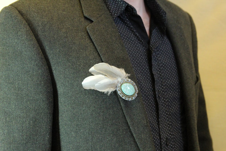 White & grey feather brooch pin, handmade, zero waste, jewellery brooch, wedding boutonniere, dance, festival, gypsy, lapel pin, hat pin image 1