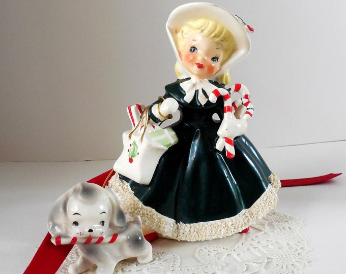 Norcrest Fine China Figurine Girl With Dog 1289A 1950's Mid Century