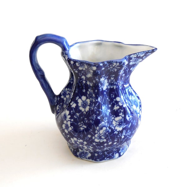 Vintage Victoria Ware Ironstone Pitcher Creamer Calico Blue & White Floral Flower EXCEL. COND.