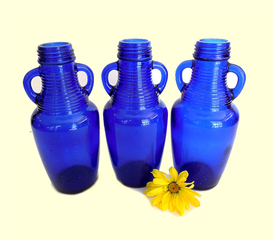 Cobalt Blue Glass Bottle with Handles set of 3 Vintage Etsy