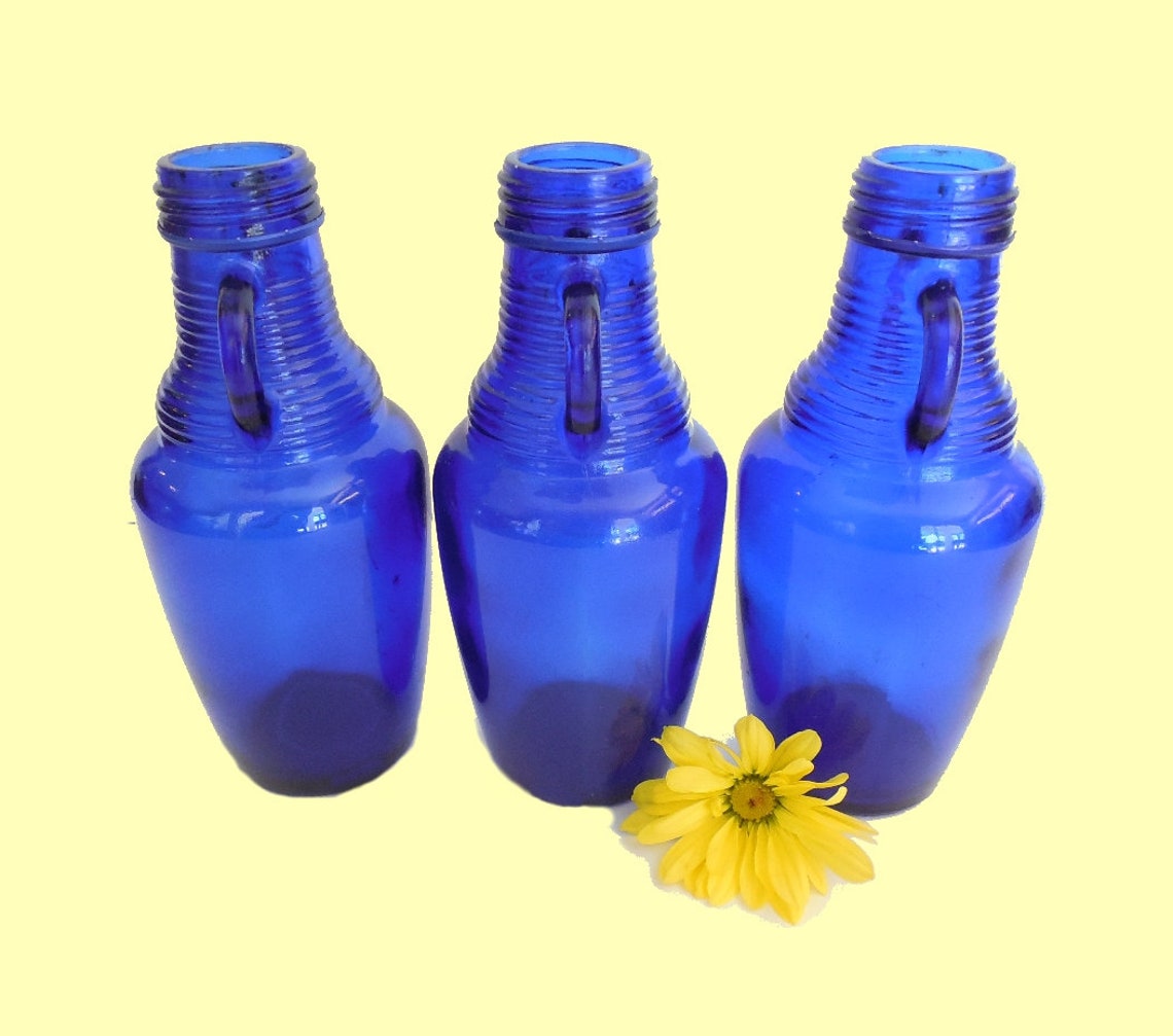 Cobalt Blue Glass Bottle with Handles set of 3 Vintage Etsy
