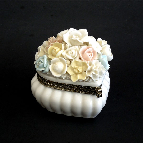 Heart Shaped Trinket Box Hinged Lid Porcelain Ardalt Lenwile Verithin 1950s Capodimonte Style