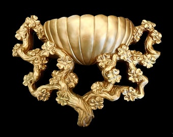 Gold Wall Planter 15 in., Ornate Heavy Dogwood Wall Pocket, Syroco Style Hanging Vase EXC COND